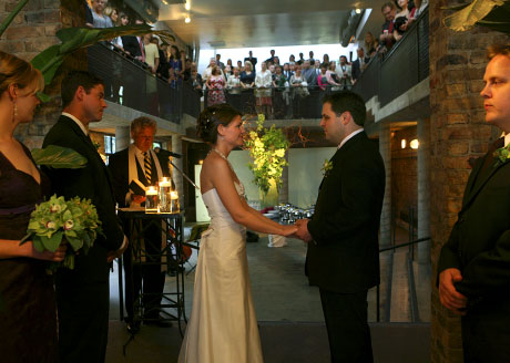 Tracy & Tom's ceremony at A New Leaf in Chicago. http://www.warmowskiphoto.com