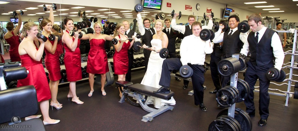 Amanda & Luke with their wedding party stop at their health club.