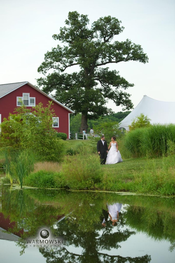 bride & groom by farm pond