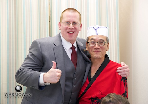 Ryan with Hiro, Happy Sushi in Springfield. Wedding photography by Steve of Warmowski Photography.