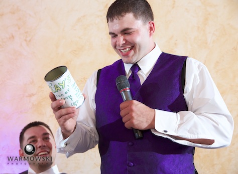 Best Man Clay uses "can on common sense" the groom gave to him while they were in high school, toast during wedding reception at the Jacksonville Country Club. Photo by Steve & Tiffany of Warmowski Photography.