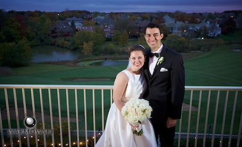 Elizabeth & Daniel on the balcony overlooking the golf course at Crystal Tree Country Club, Orland Park. Wedding photography by Tiffany & Steve & Warmowski.