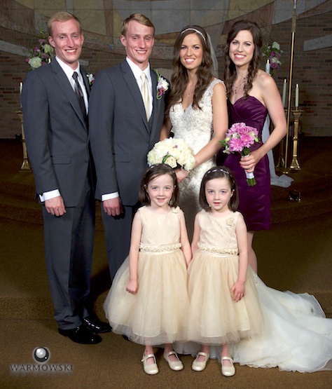 Formal portraits for Alissa & Brandon included this grouping — twin bride, marries twin groom, with twin flower girls. Ceremony at Our Saviour Catholic Church, Jacksonville. Wedding photography by Tiffany & Steve Warmowski.