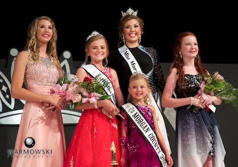 (From left) 2016 Morgan County Fair Junior Miss contest Abigayle Lewis 1st Runner Up (and People’s Choice), Junior Miss Kaylee Ford, 2015 Queen Abby Tomhave/Princess Naveah Benz, and 2nd Runner Up Camille Brown.